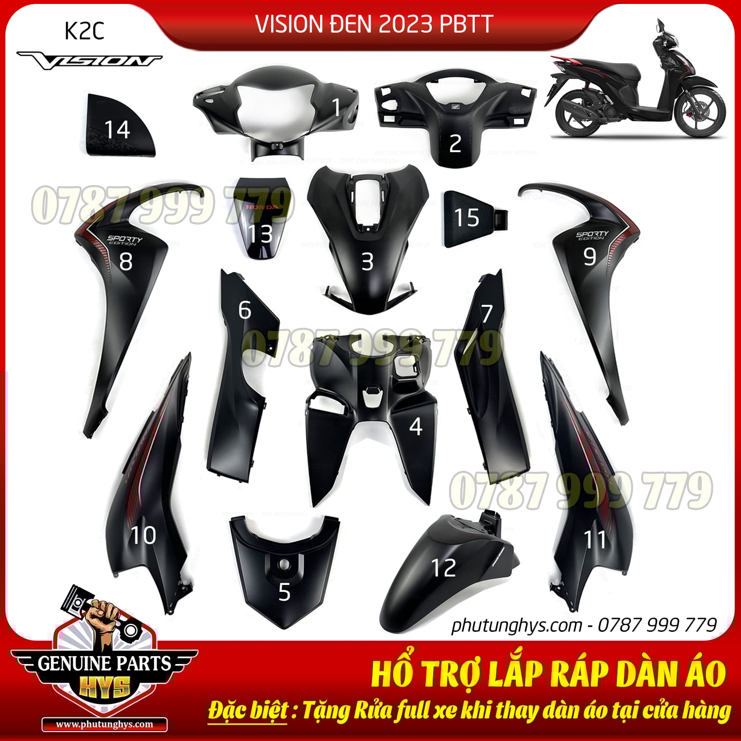 DÀN ÁO VISION K2C ĐEN 2023 PHIÊN BẢN THỂ THAO 15 MÓN