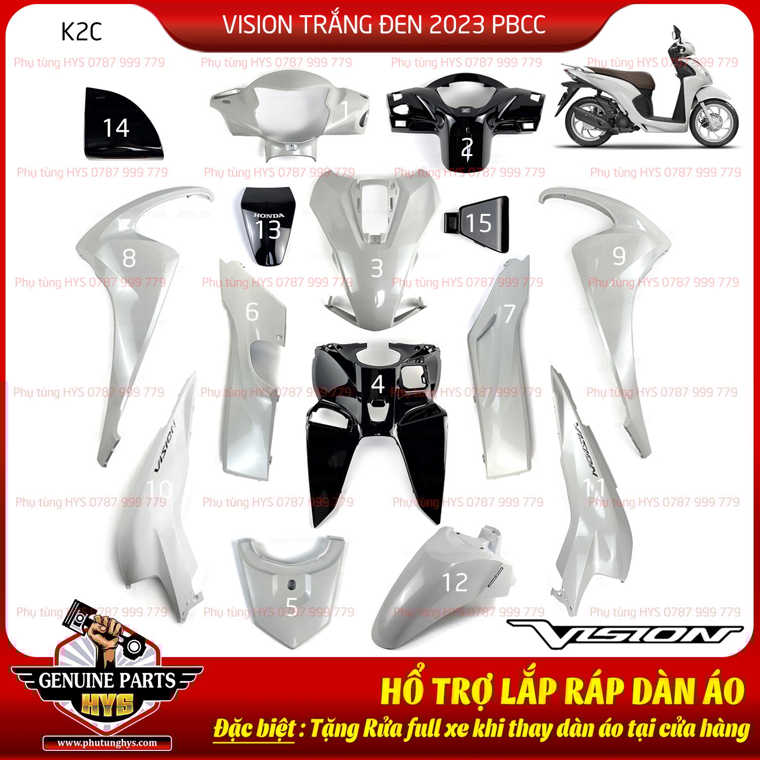 DÀN ÁO VISION K2C TRẮNG 2023 PHIÊN BẢN CAO CẤP 15 MÓN