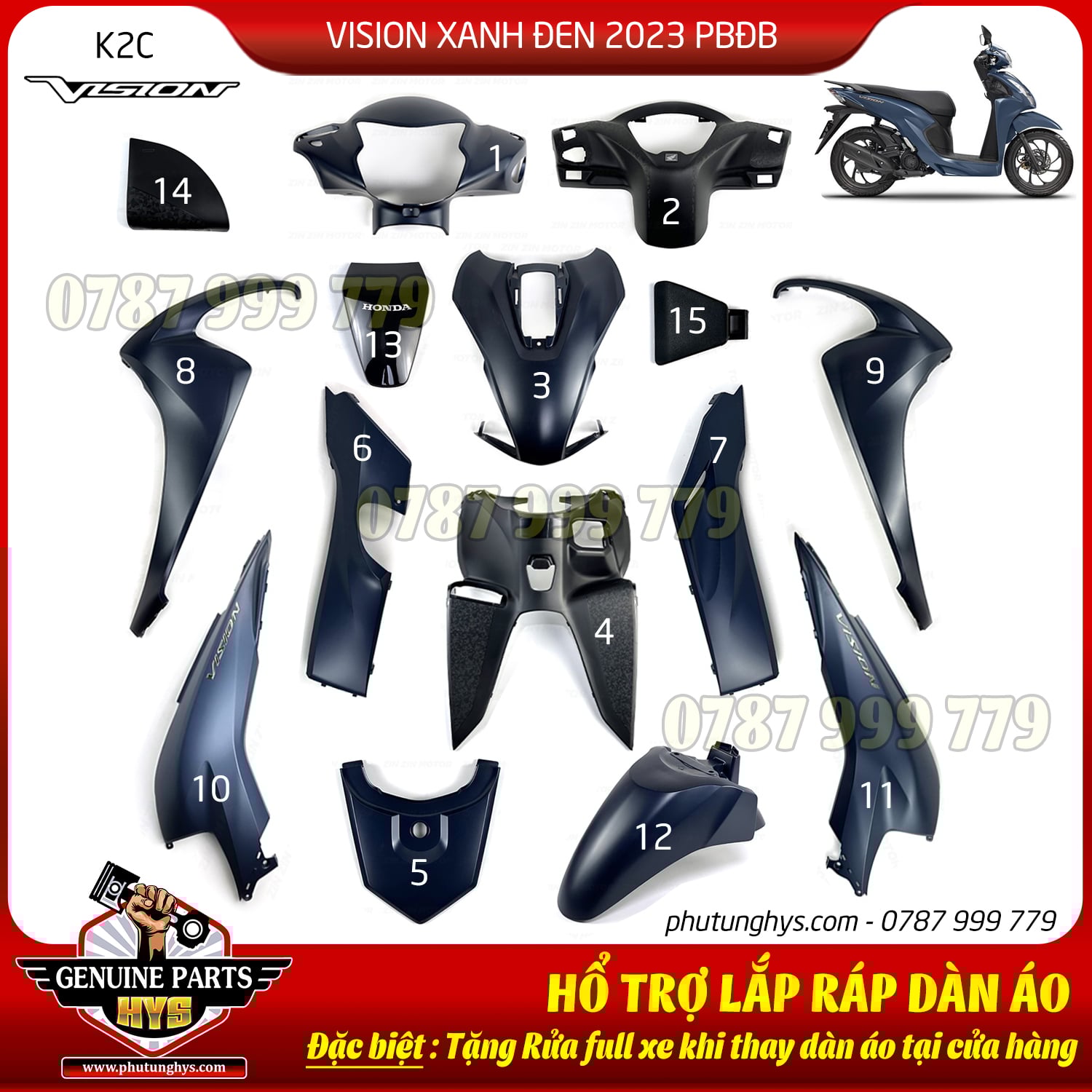 DÀN ÁO VISION K2C XANH ĐEN 2023 PHIÊN BẢN ĐẶC BIỆT 15 MÓN