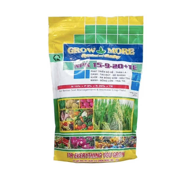 PHÂN BÓN GÓC Grow more NPK 15-9-20 +TE - giai đoạn cây con, phát triển thân lá, phân cành và đẻ nhánh