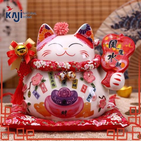  Tượng mèo thần tài bằng sứ cầm Vợt Hagoita Bình An (19x18x20cm) 