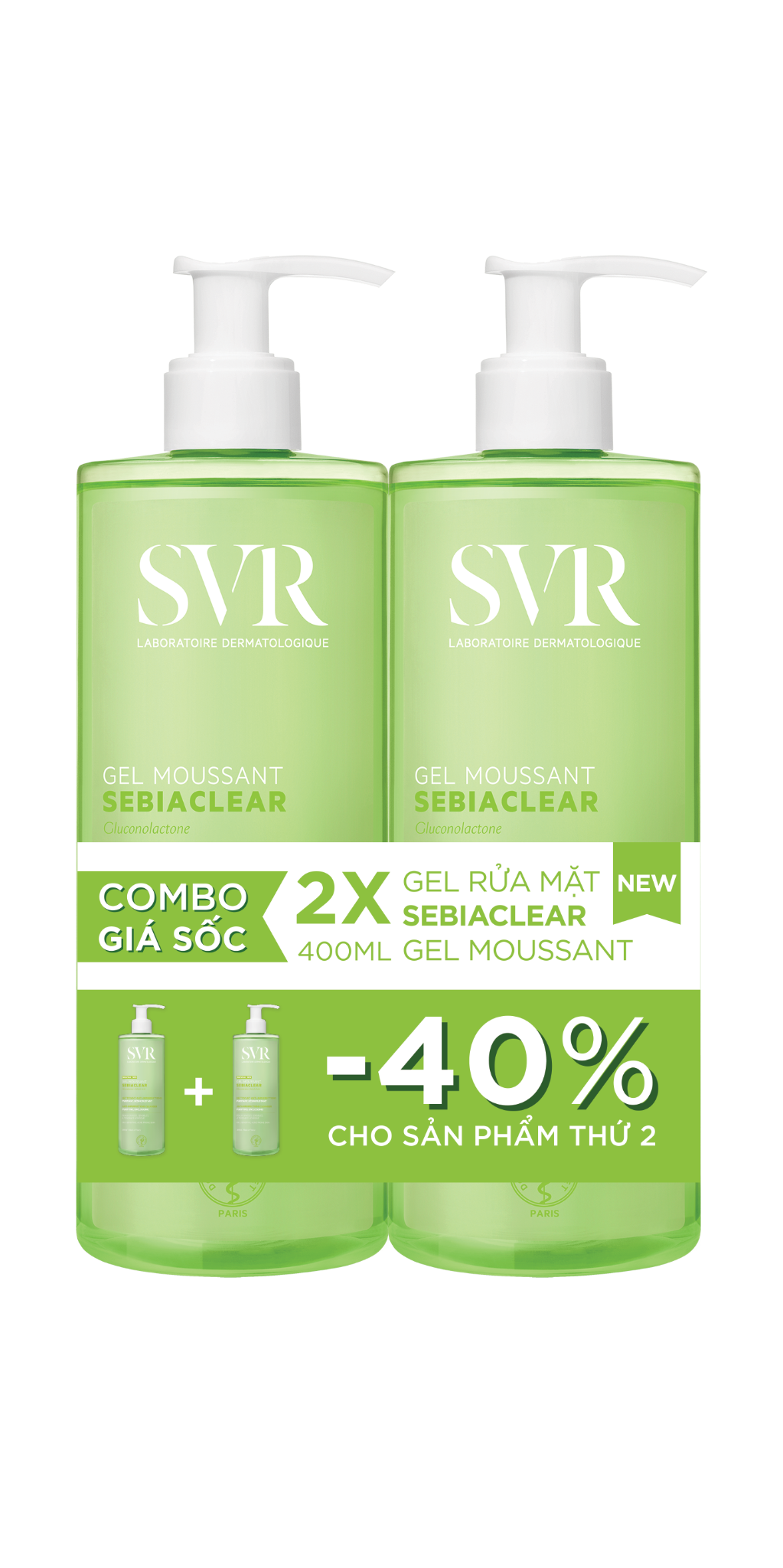  Combo SVR Gel rửa mặt dành cho da dầu Sebiaclear Gel Moussant 400ml x2 