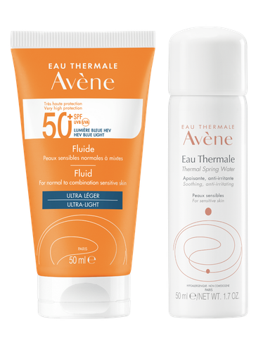  Avene combo Sữa chống nắng quang phổ rộng SPF 50+ cho da thường, hỗn hợp nhạy cảm + Xịt khoáng 50ml ( AV V.H PRO FLUID 50+ 50ML BL+AV TWS 50ML ) 