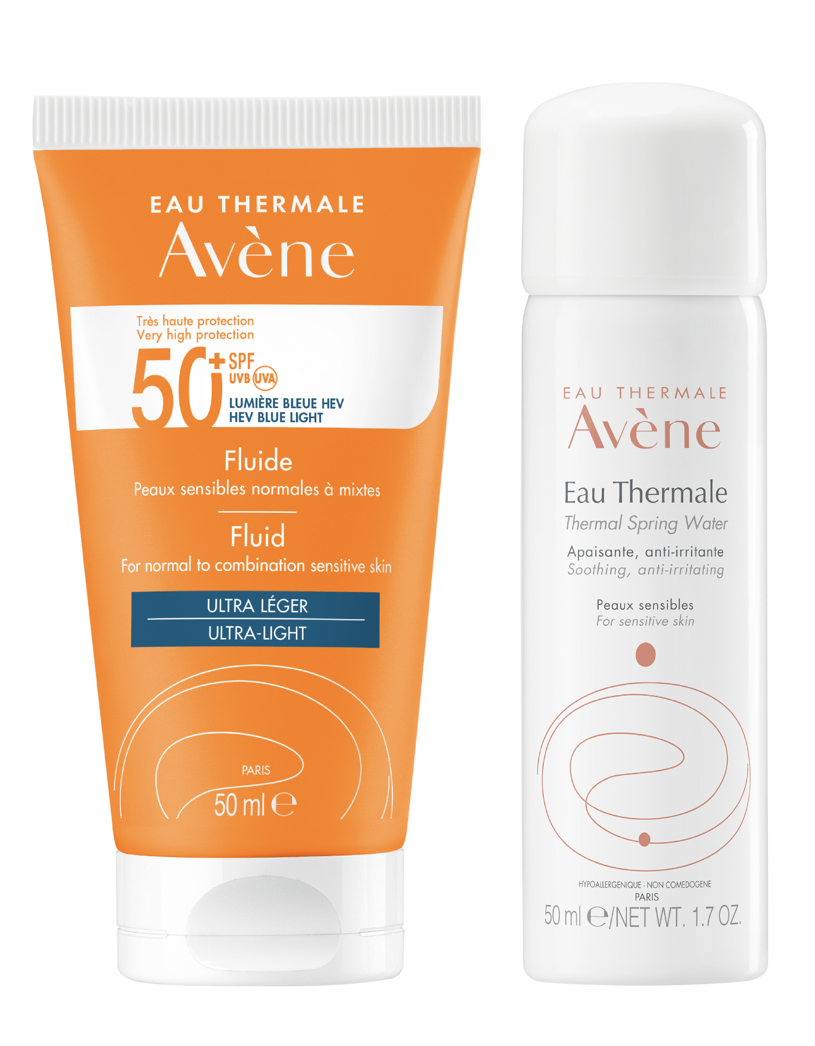  Avene combo Sữa chống nắng quang phổ rộng SPF 50+ cho da thường, hỗn hợp nhạy cảm + Xịt khoáng 50ml ( AV V.H PRO FLUID 50+ 50ML BL+AV TWS 50ML ) 