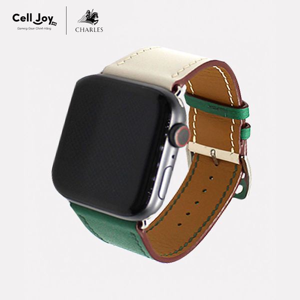 Dây da Charles Nappa Xanh Lá Kem cho Apple Watch size nam (42/44/45mm) - Adapter màu đen
