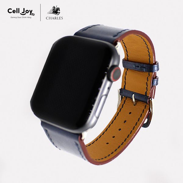 Dây da Charles Nappa Xanh Navy cho Apple Watch size nam (42/44/45mm) - Adapter màu đen