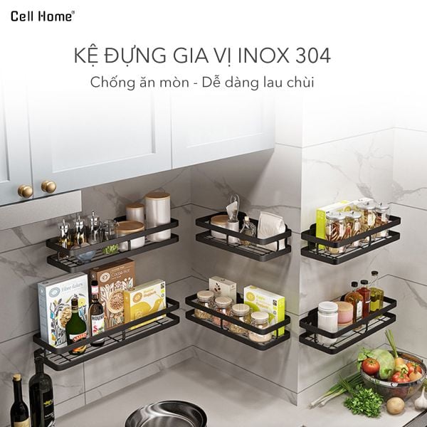 Kệ đựng gia vị inox 304 dán tường siêu chắc chắn chống gỉ cho nhà bếp (kèm keo dán + ốc vít)