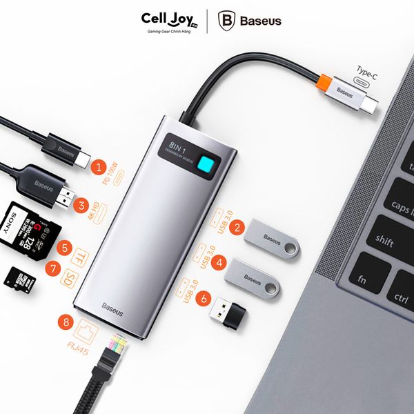 HUB chuyển đổi Baseus 8in1 USB-C To 4K HDMI, PD Charging Port, USB 3.0, SD/TF Card