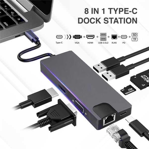 Hub chuyển đổi Type-C cho Macbook Air/Pro/iPad/Surface, điện thoại USB-C 8in1 adapter to VGA/ HDMI/ USB 3.0/ LAN/ SD/TF