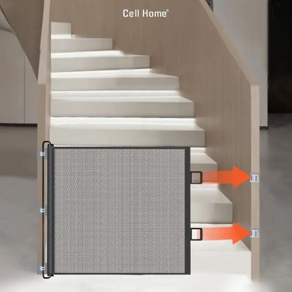 Rào chắn cửa tự động thu gọn lưới an toàn chặn cầu thang, hành lang không cần khoan