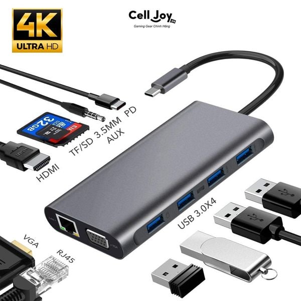 Hub Type C cho Macbook 11in1 chuyển đổi Type-C to HDMI 4K/ VGA/USB3.0/PD/RJ45/SD/TF Card/3.5mm AUX