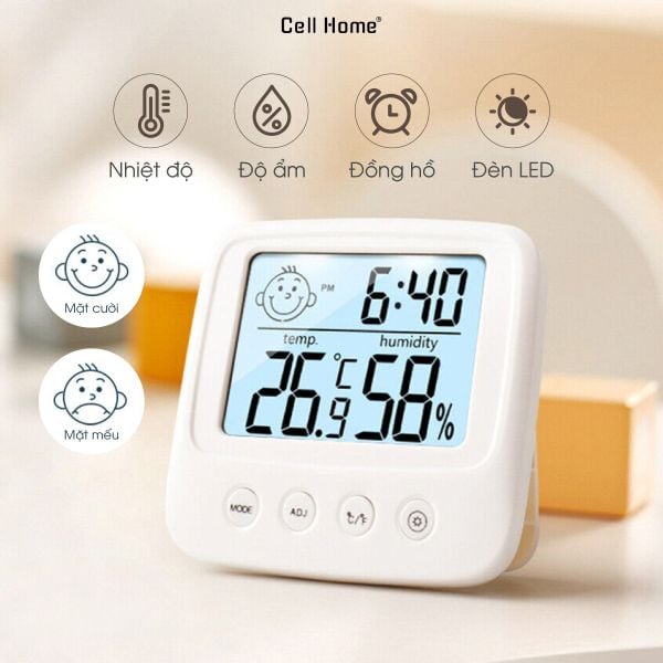 Nhiệt kế phòng ẩm kế điện tử phòng ngủ cho bé có đèn nền và đồng hồ
