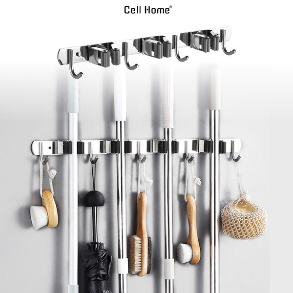 Móc treo chổi cây lau nhà móc treo nhà tắm đa năng inox 304 dán tường kẹp siêu chắc
