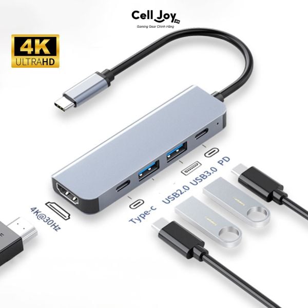 Hub chuyển đổi Type-C 5 in 1 cổng chuyển dữ liệu (1*USB-C 3.0; 1*USB-C 2.0; 1*HDMI 4K/30Hz; 1*PD 100W; 1* USB-C Data)