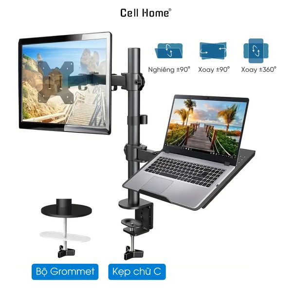 Giá treo màn hình kèm giá đỡ laptop 2 in 1 có thể xoay chỉnh linh hoạt