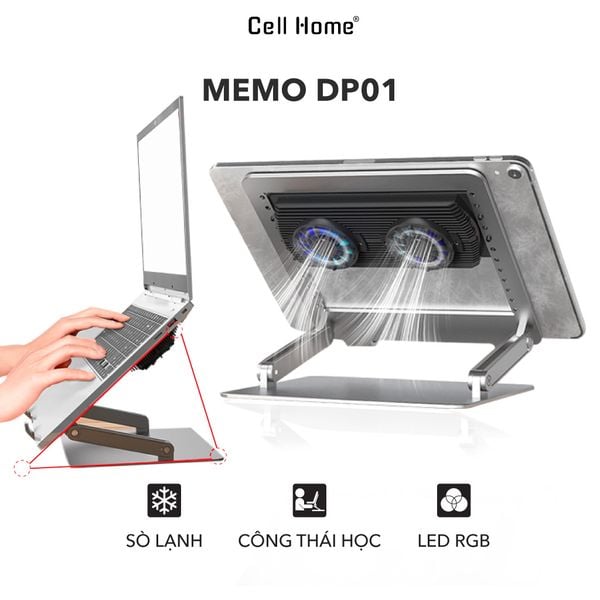 Giá đỡ laptop kiêm đế tản nhiệt sò lạnh có thể tháo rời cho Macbook Air Pro Surface Laptop Tablets gấp gọn có quạt tản nhiệt đôi MEMO DP01