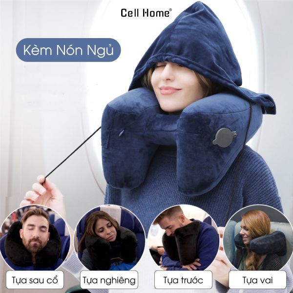 Gối cổ ngủ trưa văn phòng công thái học, gối tựa đầu bơm hơi chữ H kèm nón che mắt