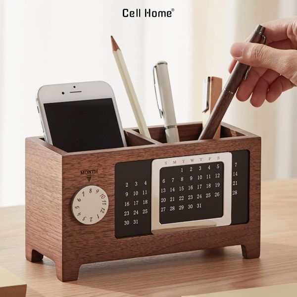 Hộp bút gỗ kết hợp lịch vạn niên để bàn làm việc, bàn học