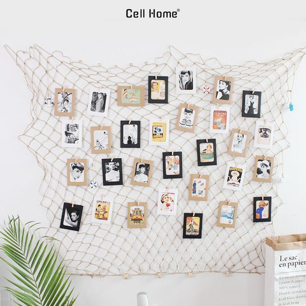 Lưới dây thừng trang trí treo ảnh kèm khung ảnh giấy và kẹp gỗ decor tường