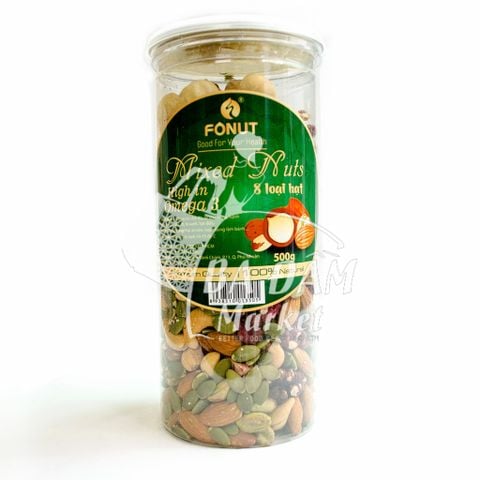 FONUT- HỖN HỢP 8 LOẠI HẠT MACCA, ÓC CHÓ VÀNG, HỒ ĐÀO, HẠNH NHÂN, BÍ XANH, HẠT ĐIỀU, DẺ CƯỜI, ÓC CHÓ ĐỎ)  500GR