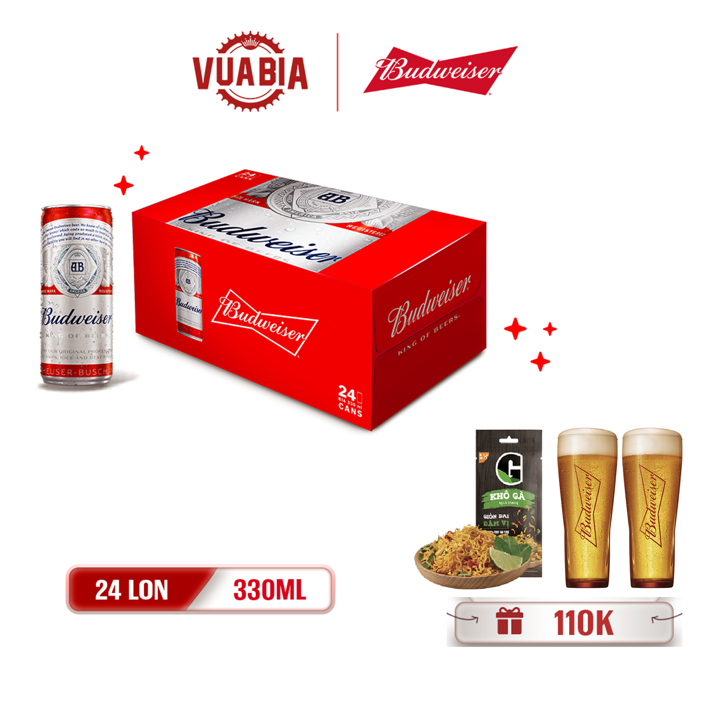 [FREESHIP] Bia Budweiser Sleek Can Thùng 24 Lon 330ml - Quà trị giá 110K