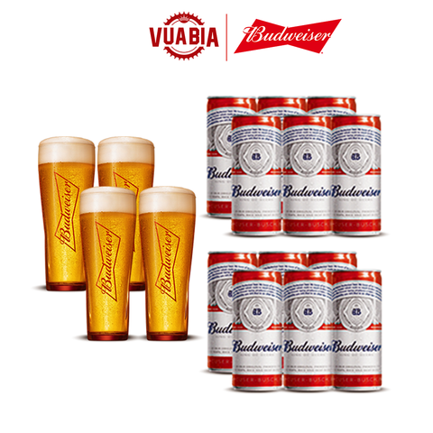 Combo 2 Lốc 6 Lon Budweiser 330ml (Date 4/2024) + 04 Ly Thủy Tinh Budweiser 330ml - QUÀ TẶNG KHÔNG BÁN