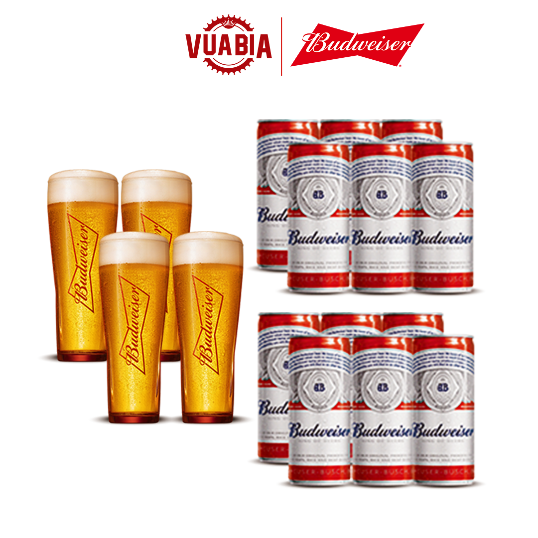 Combo 2 Lốc 6 Lon Budweiser 330ml (Date 4/2024) + 04 Ly Thủy Tinh Budweiser 330ml - QUÀ TẶNG KHÔNG BÁN