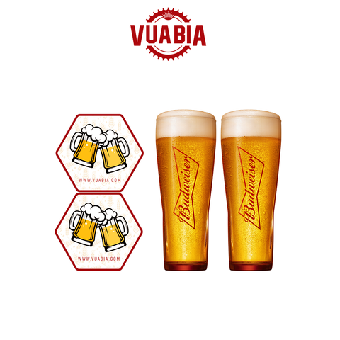 Combo 2 Ly Thủy Tinh Budweiser 330ml + 2 Lót Ly Vua Bia - QUÀ TẶNG KHÔNG BÁN