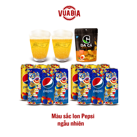 Combo 2 Ly Thủy Tinh Budweiser 350ml + 2 Lốc 6 Pepsi Tết + Gói Snack Da Cá - QUÀ TẶNG KHÔNG BÁN