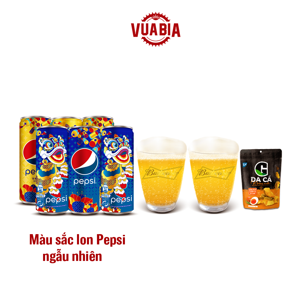 Combo 2 Ly Thủy Tinh Budweiser 350ml + Lốc 6 Pepsi Tết + Gói Snack Da Cá - QUÀ TẶNG KHÔNG BÁN