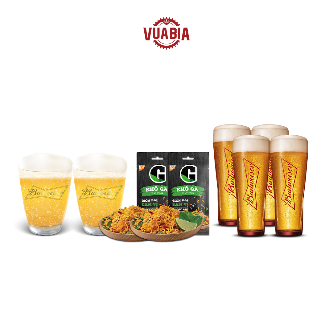 Combo 4 Ly Thủy Tinh Budweiser 330ml + 2 Ly Thủy Tinh Budweiser 350ml + 2 Khô Gà Lá Chanh G 22g - QUÀ TẶNG KHÔNG BÁN