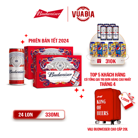 [FREESHIP] Bia Budweiser Combo 2 Thùng 24 Lon 330ml - Phiên Bản Tết 2024 - Tặng 2 Lốc 6 Lon Pepsi Tết + 1 Lốc Budweiser 0.0%