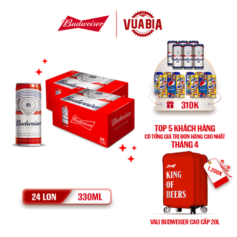 [FREESHIP] Bia Budweiser Combo 2 Thùng 24 Lon 330ml - Tặng 2 Lốc Pepsi + Lốc 6 Lon Budweiser 0.0%