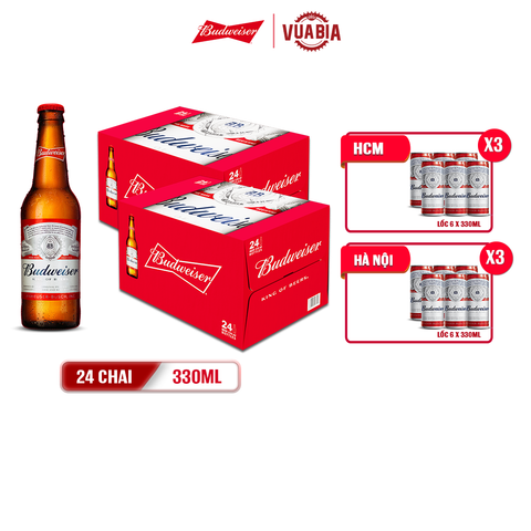 [FREESHIP] Bia Budweiser Combo 2 Thùng 24 Chai 330ml - Tặng 3 lốc 6 [Date 4/2024]