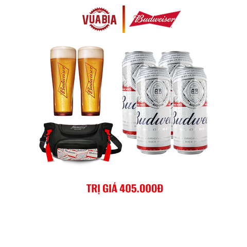 Bia Budweiser Lốc 4 Lon 500ml + 2 Ly Thủy Tinh Budweiser 330ml + Túi Thời Trang Cao Cấp Budweiser  - QUÀ TẶNG KHÔNG BÁN