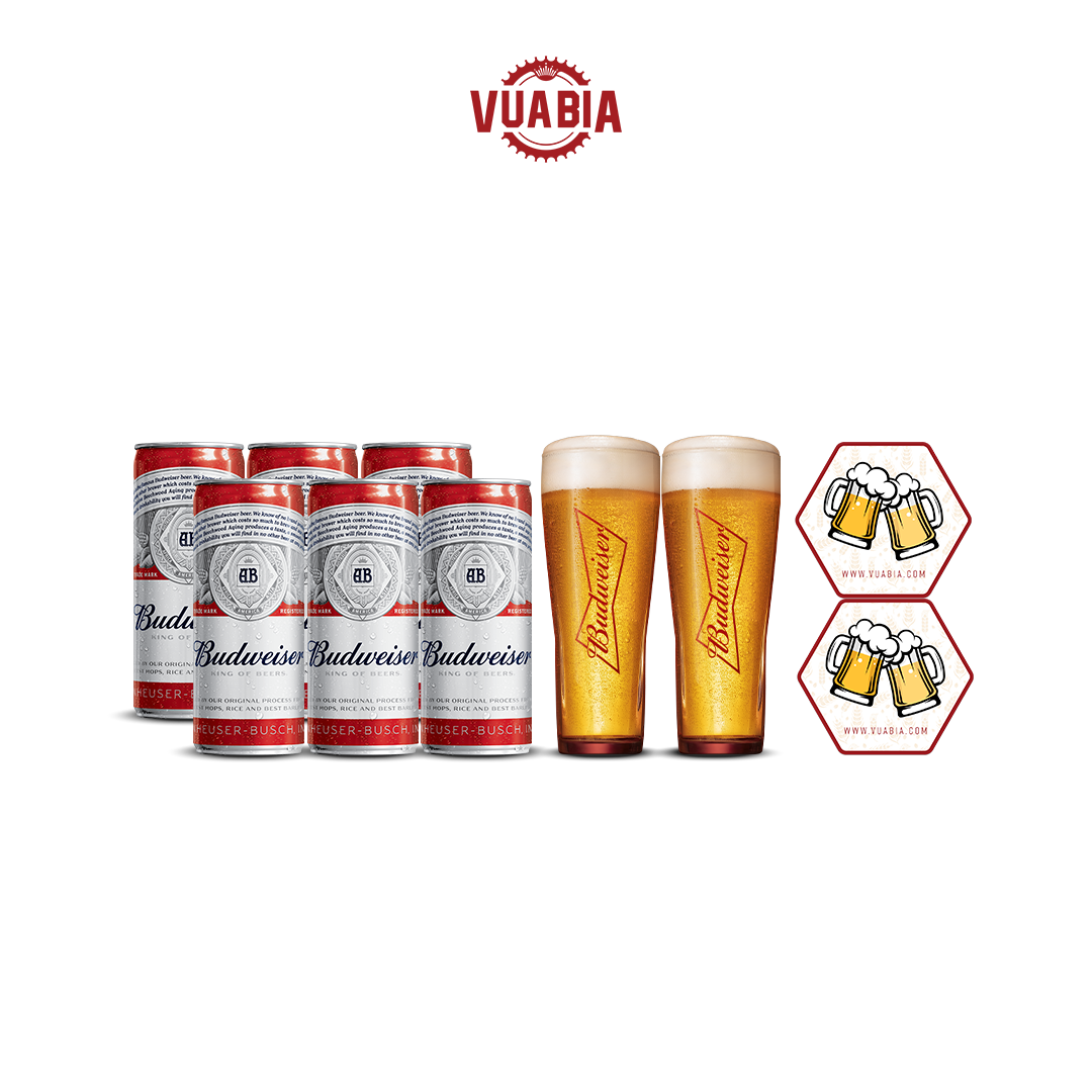 Combo Lốc 6 Lon Budweiser 330ml + 02 Ly Thủy Tinh Budweiser 330ml + 02 Lót Ly Vua Bia - QUÀ TẶNG KHÔNG BÁN