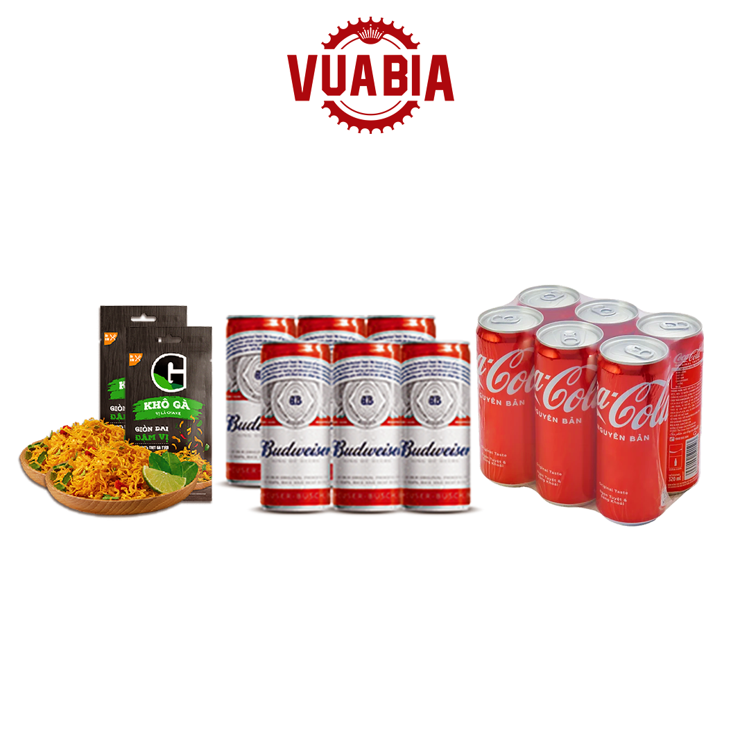 Combo Lốc 6 Lon Budweiser 330ml + Lốc 6 Lon Coca 320ml + 02 Túi Khô Gà G-Kitchen - QUÀ TẶNG KHÔNG BÁN