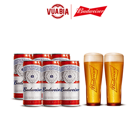 Combo Lốc 6 Lon Budweiser 330ml [Date 4/2024] + 02 Ly Thủy Tinh Budweiser 330ml - QUÀ TẶNG KHÔNG BÁN