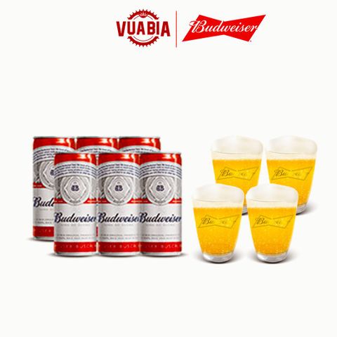 Combo Lốc 6 Lon Budweiser 330ml [Date 4/2024] + 04 Ly Thủy Tinh Budweiser 350ml - QUÀ TẶNG KHÔNG BÁN