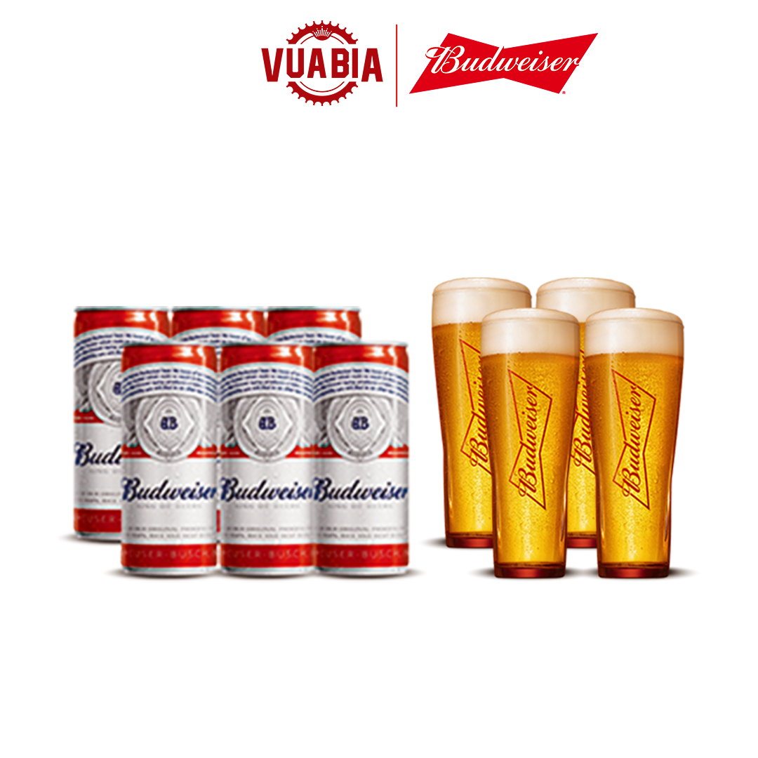 Combo Lốc 6 Lon Budweiser 330ml [Date 4/2024] + 04 Ly Thủy Tinh Budweiser 330ml - QUÀ TẶNG KHÔNG BÁN