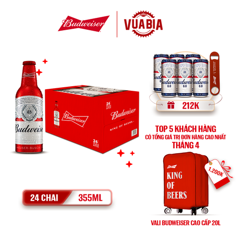 [FREESHIP] Bia Budweiser Thùng 24 Chai Aluminum 355ml - Tặng Lốc 6 Lon Budweiser 0.0 + Khui Bia Budweiser