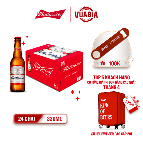 [FREESHIP] Bia Budweiser Thùng 24 Chai 330ml - Tặng 1 Khui Bia Budweiser