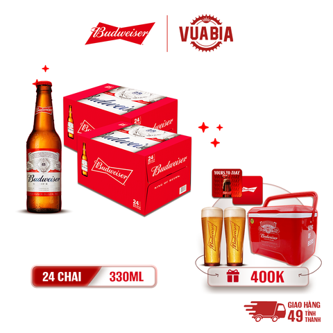 [FREESHIP] Bia Budweiser Combo 2 Thùng 24 Chai 330ml - Thùng Đá Budweiser 12L + 2 Ly Budweiser 330ml + 2 Lót Ly Budweiser