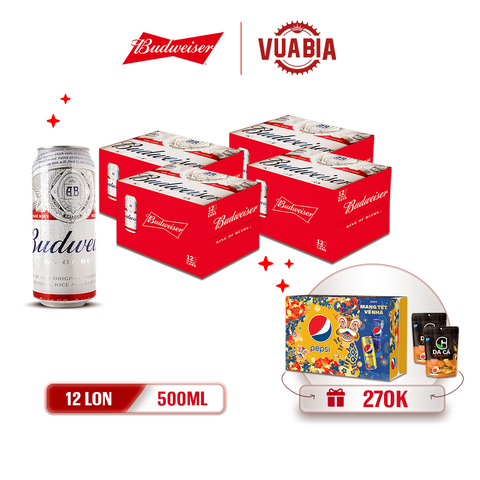 [FREESHIP] Bia Budweiser Combo 4 Thùng 12 Lon 500ml - Tặng Thùng Pepsi Tết + 2 Gói Snack Da Cá