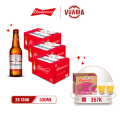 [FREESHIP] Bia Budweiser Combo 3 Thùng 24 Chai 330ml - Tặng 1 Thùng Mì Omachi + 2 Ly Budweiser 350ml [Chỉ Bán Tại HCM]