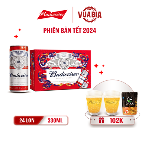 [FREESHIP] Bia Budweiser Thùng 24 Lon 330ml - Phiên Bản Tết 2024 - Tặng 2 Ly Thủy Tinh Budweiser + 1 Da Cá