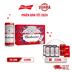 [FREESHIP] Bia Budweiser Thùng 24 Lon 330ml - Phiên Bản Tết 2024 - Tặng Lốc 6 Budweiser 0.0 + 4 Lót Ly Budweiser