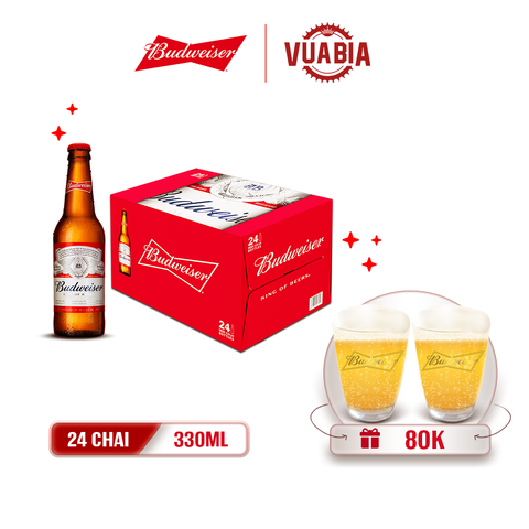 [FREESHIP] Bia Budweiser Thùng 24 Chai 330ml Tặng 2 Ly Thủy Tinh Budweiser Cao Cấp [Chỉ Bán Tại HCM, HN]