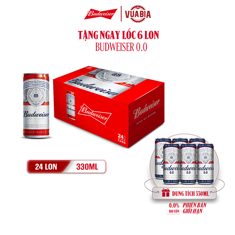 [FREESHIP] Bia Budweiser Sleek Can Thùng 24 Lon 330ml - Tặng Lốc 6 Lon Budweiser 0.0