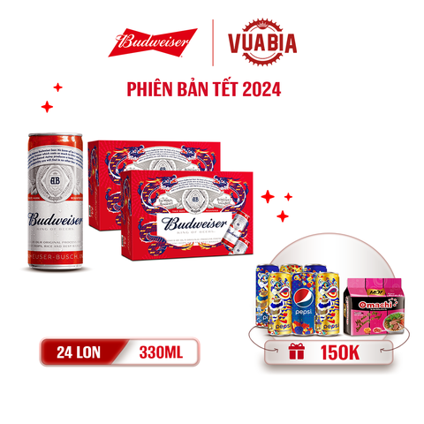 [FREESHIP] Bia Budweiser Combo 2 Thùng 24 Lon 330ml - Phiên Bản Tết 2024 - Tặng 1 Lốc 6 Lon Pepsi Tết + 1 Lốc Mì Omachi